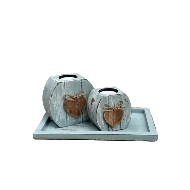 Woodart Waxinehouder Set Hart  2x op Onderschaal Zeeblauw