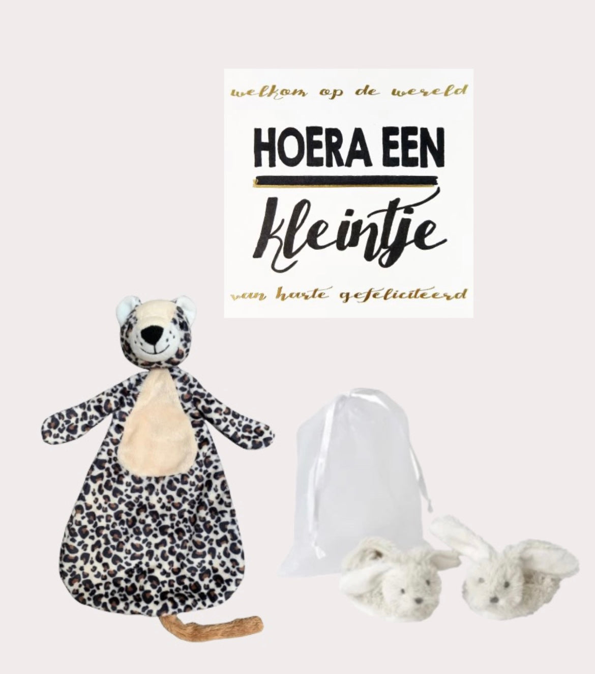 Happy Horse X Leopard Lou Geschenkset, weiße Hausschuhe + Kuscheltuch