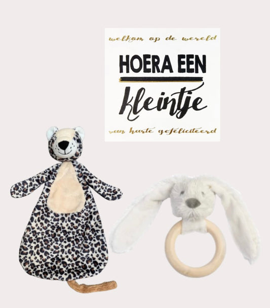 Happy Horse X Leopard Lou Gift Set White Teething Ring + Cuddle Cloth