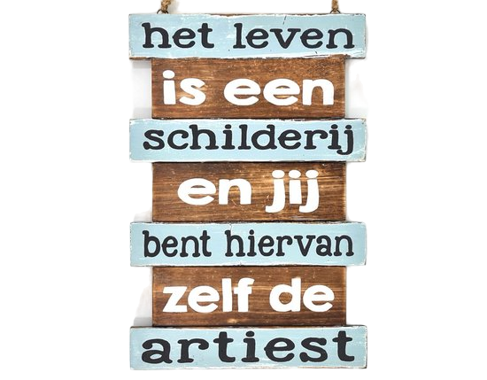 Tekstbord 37x25 cm naturel/blauw 'Het leven is een schilderij'