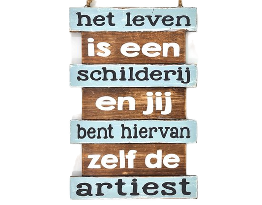 Tekstbord 37x25 cm naturel/blauw 'Het leven is een schilderij'