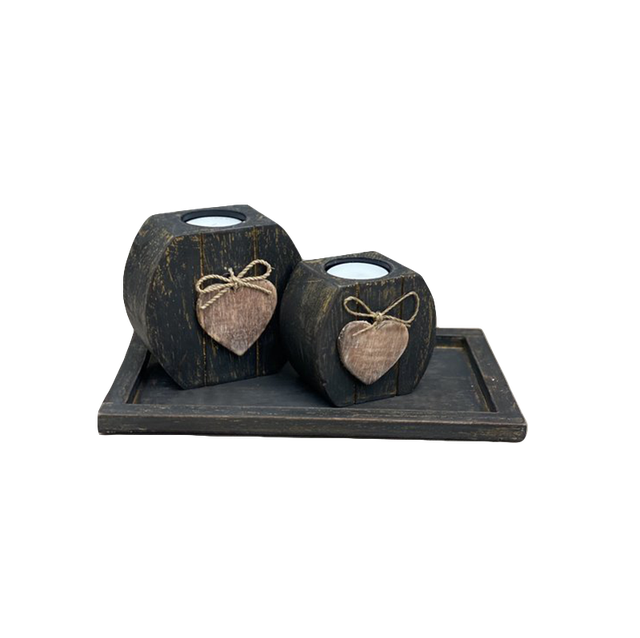 Woodart Tea Cane Holder Set Heart 2x on Bottom Bowl Black/Gold