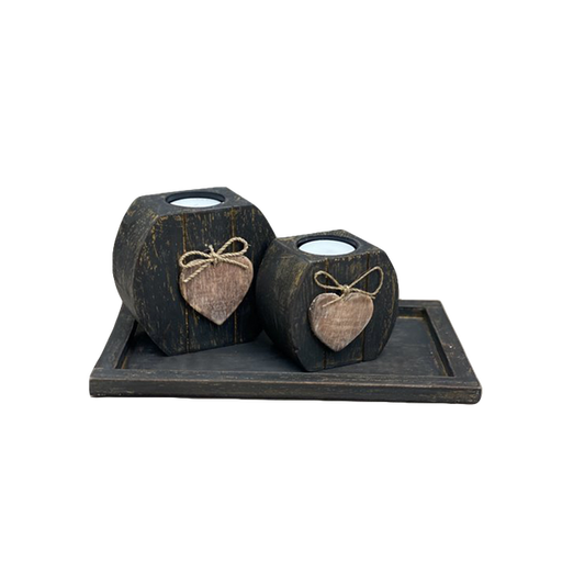 Woodart Tea Cane Holder Set Heart 2x on Bottom Bowl Black/Gold