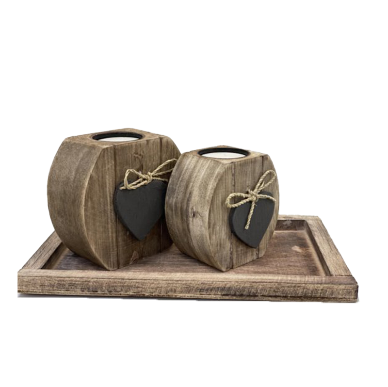 Woodart Waxinehouder Set Hart  2x op Onderschaal Naturel