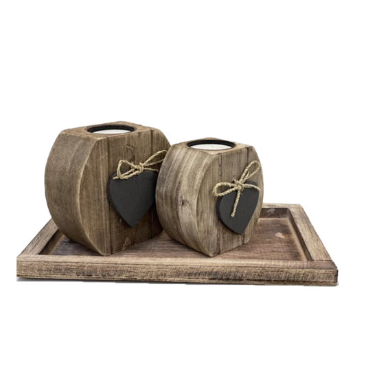 Woodart Waxinehouder Set Hart  2x op Onderschaal Naturel