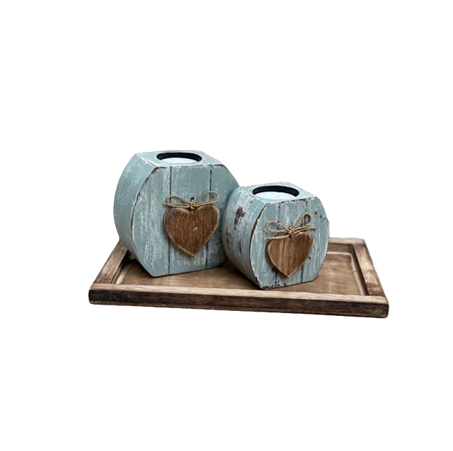 Woodart Tea Cane Holder Set Heart 2x on Bottom Bowl Sea Blue-Natural