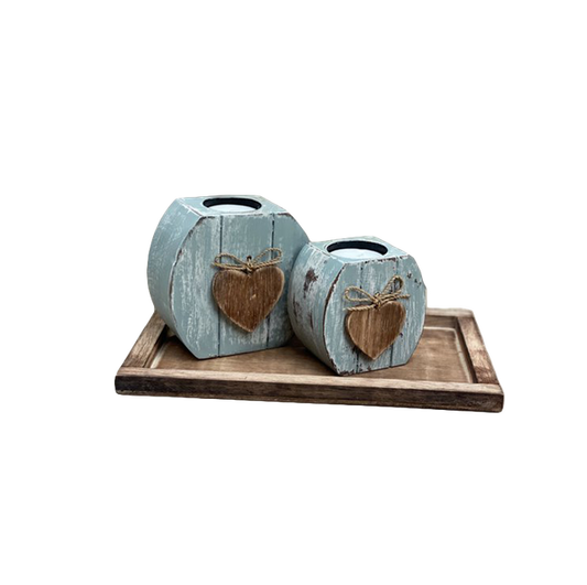 Woodart Tea Cane Holder Set Heart 2x on Bottom Bowl Sea Blue-Natural