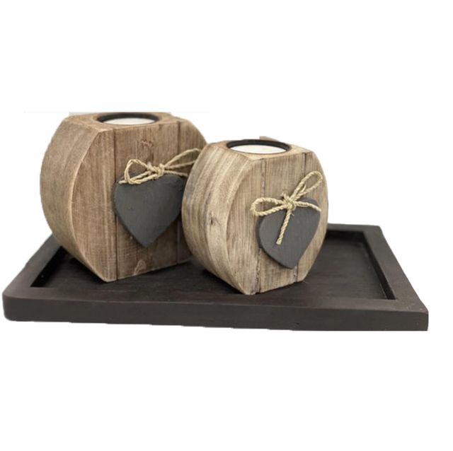 Woodart Waxinehouder Set Hart  2x op Onderschaal Naturel