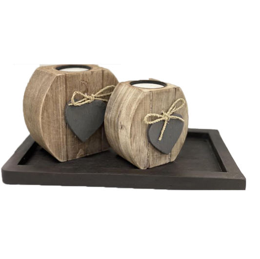 Woodart Waxinehouder Set Hart  2x op Onderschaal Naturel