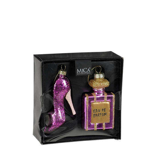 Mica kerstornament Set Parfumfles Schoen Roze