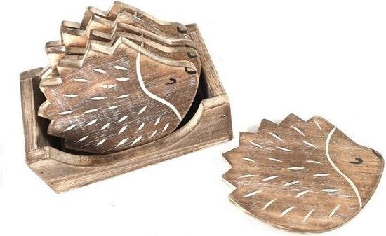 Woodart wooden coasters hedgehog 6 pieces in holder